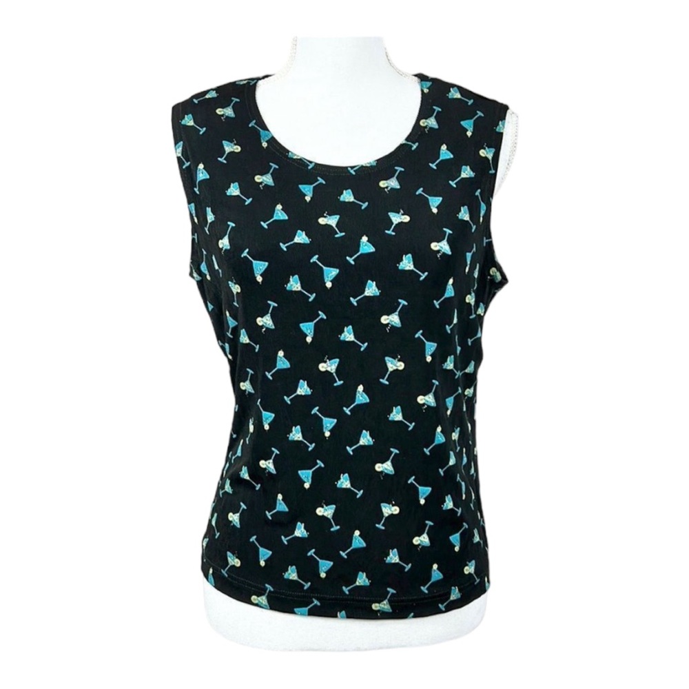 VINTAGE Ronni Nicole Black & Blue Martini Glass Sleeveless Top Size Large Petite